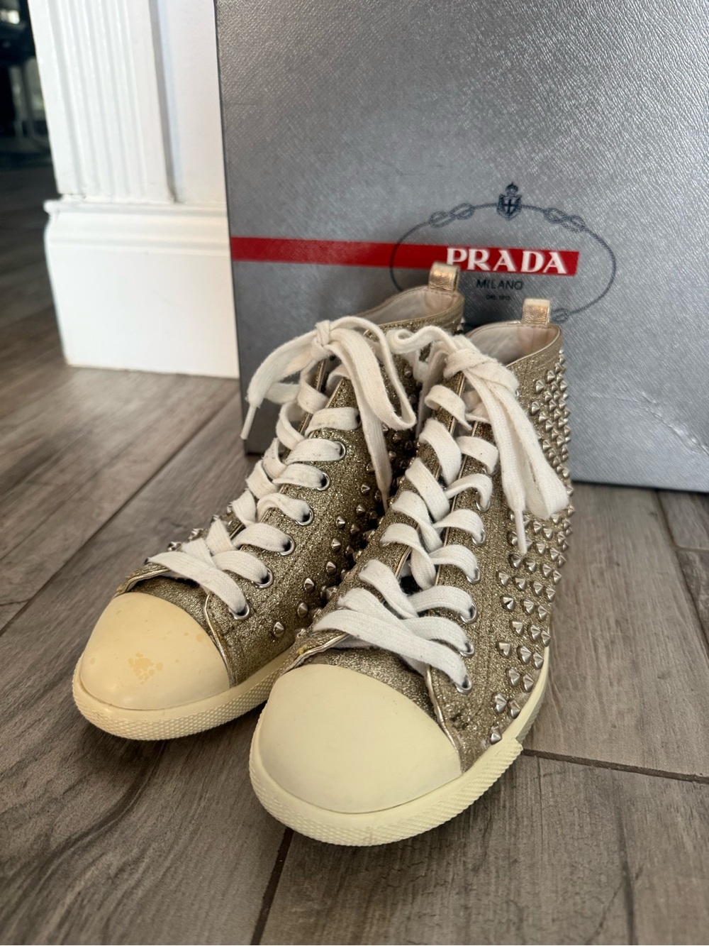 Prada Metallic Gold Studded High-Top Sneakers